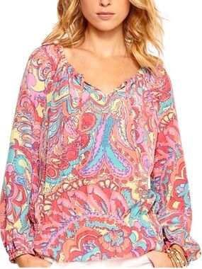 LILLY PULITZER TRISHA FEELIN GROOVY PAISLEY FISH TROPICAL SILK LONG SLEEVE TOP